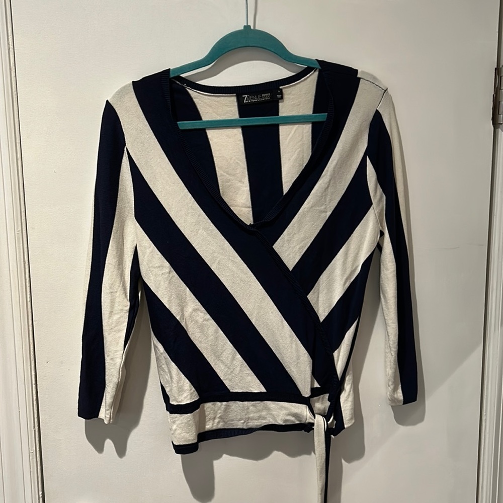 New York & Company navy blue and white striped sweater/blouse, tie accent